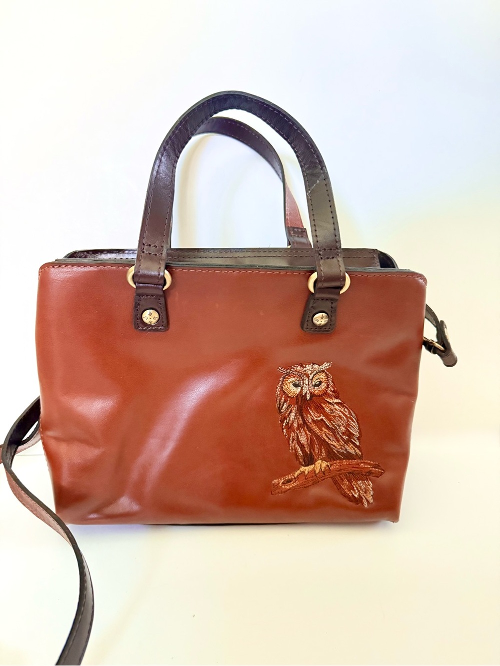 Patricia Nash Moggie Leather Satchel Owl Embroidery Tote Crossbody Rare - Picture 2 of 10